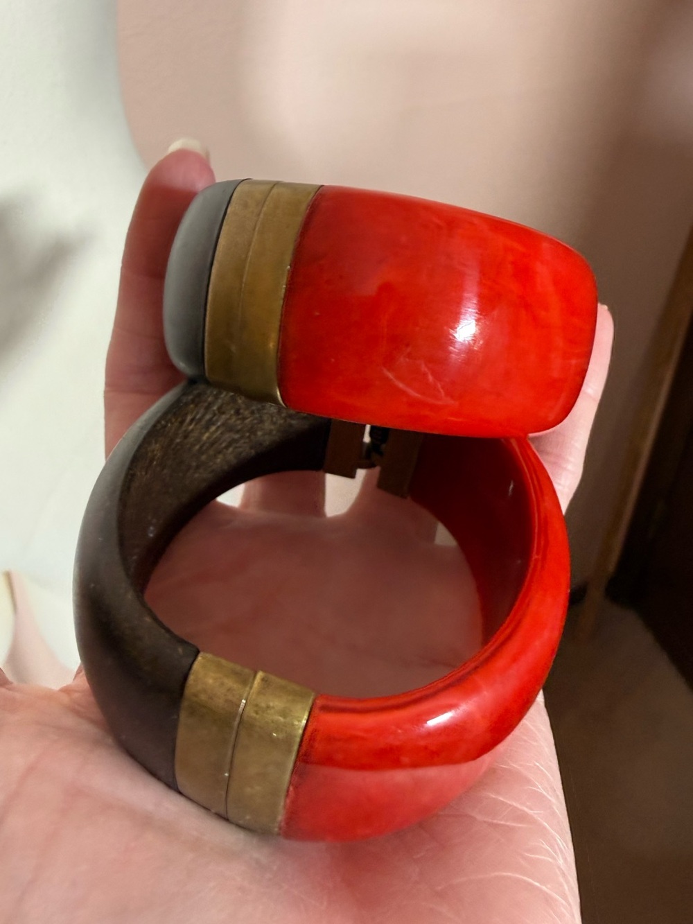 Premier design oversized wide wood Red resin Clamper Bangle Bracelet set Of two